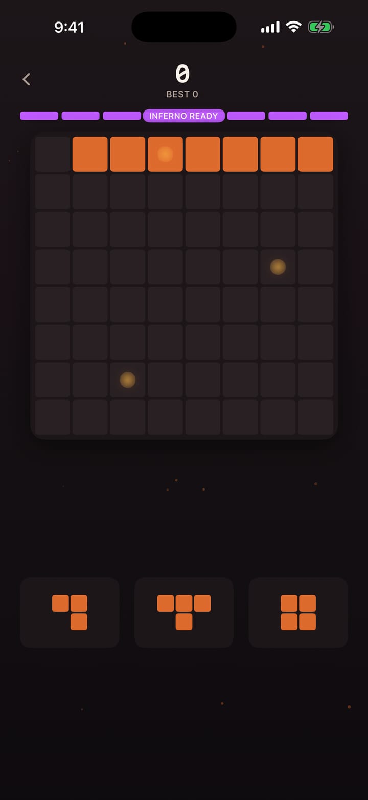 Emberline gameplay with an orange line clear, glowing embers, and Inferno ready.